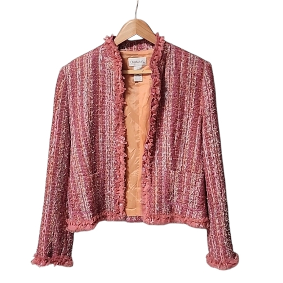 CHADWICKS VINTAGE Pink Boucle Tweed Crop Jacket 10 M Blazer Ribbon Fringe Shaggy - Picture 12 of 14